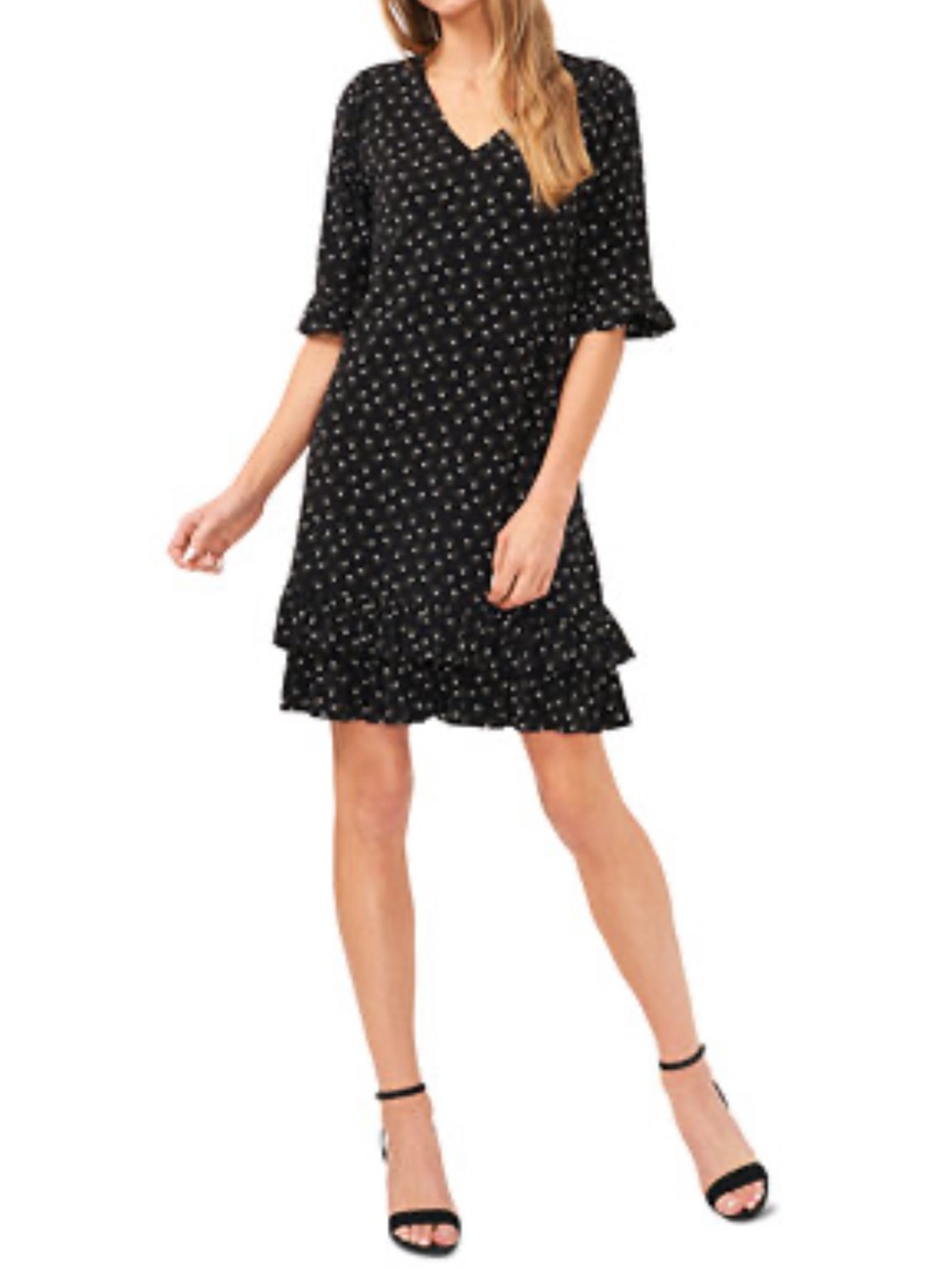 CeCe Black Polka Dot V-Neck Midi Dress with Ruffle Hem and built in slip.